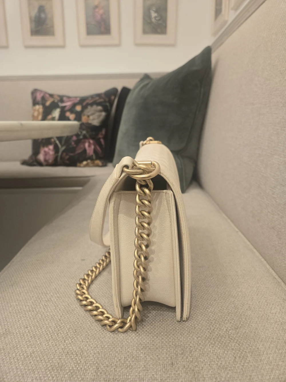 CHANEL Cream Quilted Large Boy Bag with Gold Hardware